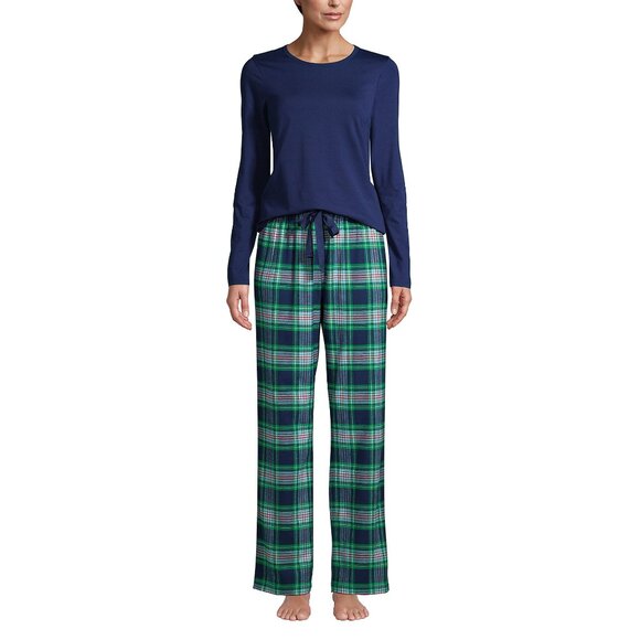 NWT Lands End Women's Pajamas Set Cotton Long Sleeves Green and Navy Plaid XXS 0 - Picture 1 of 4
